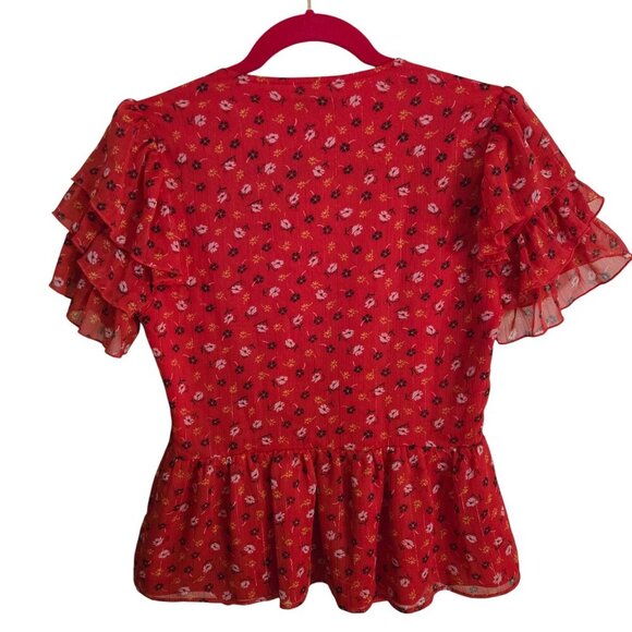 Madewell Tiered Sleeve Peplum Top Metallic Prairie Posies Size 2 - Picture 3 of 11